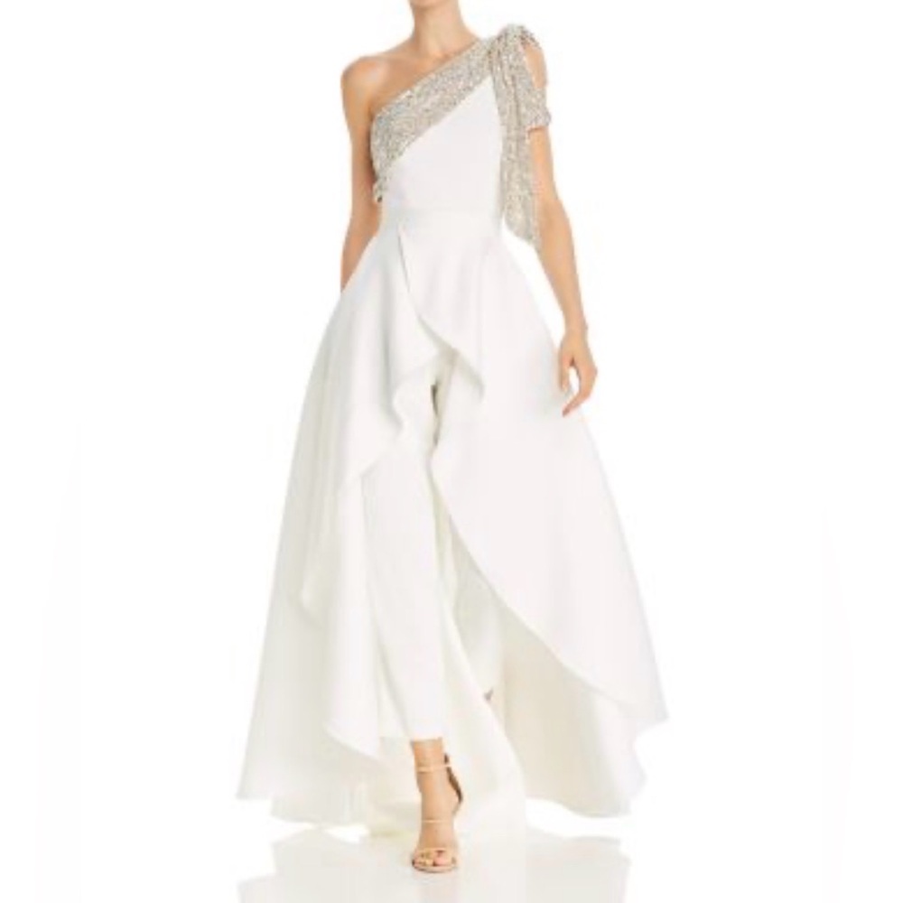 JAYGODFREY White One-Shoulder Ruffle Jumpsuit with Silver Beaded Trim